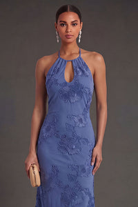 Appliqued Blue Floral Mermaid Midi Wedding Guest Dress
