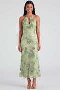 Salbei-Neckholderhals-Meerjungfrauen-Midi-Kleid mit Blumenstickerei