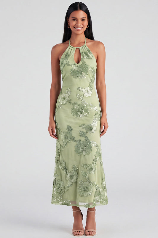 Salbei-Neckholderhals-Meerjungfrauen-Midi-Kleid mit Blumenstickerei