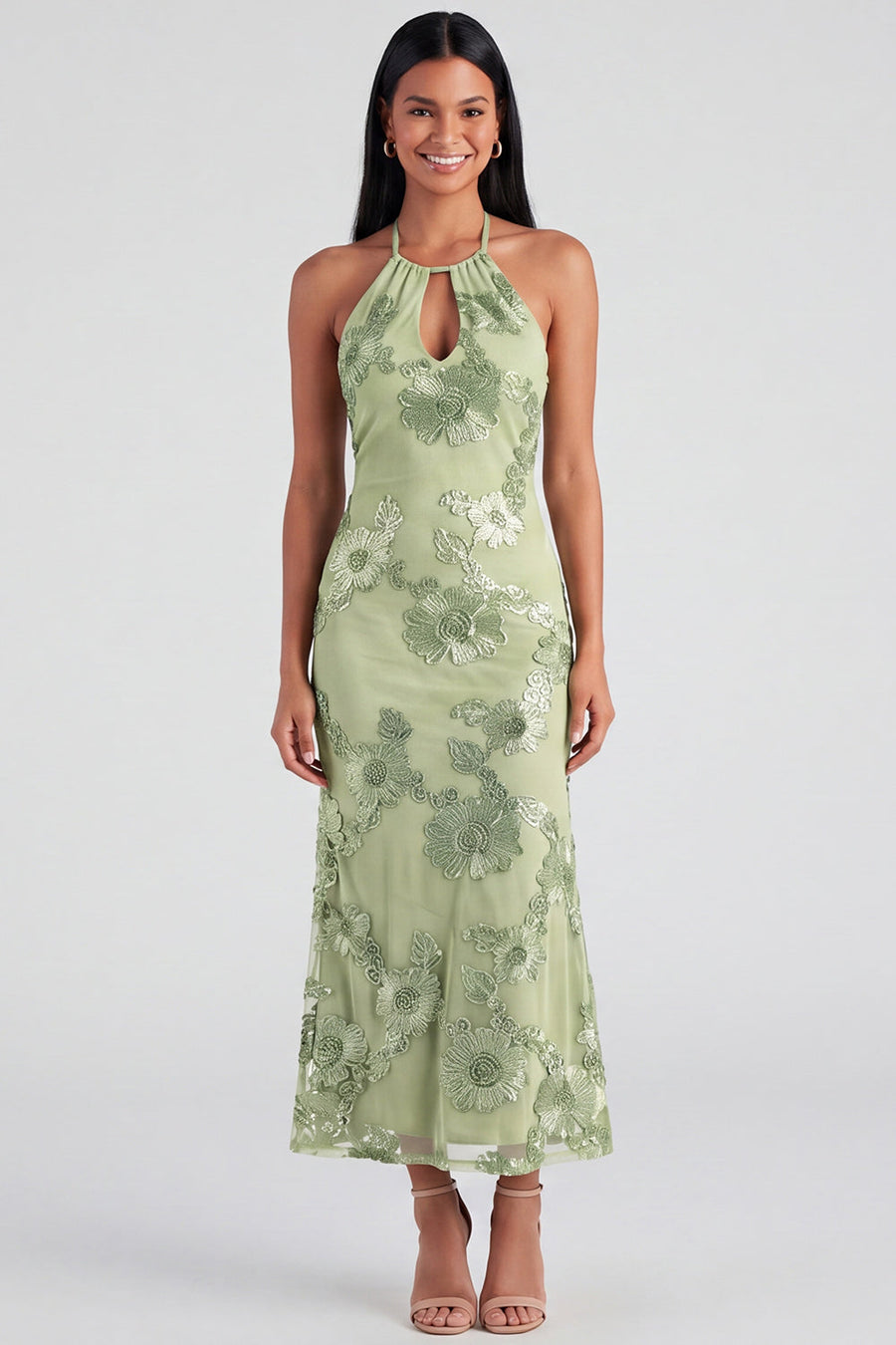 Salbei-Neckholderhals-Meerjungfrauen-Midi-Kleid mit Blumenstickerei