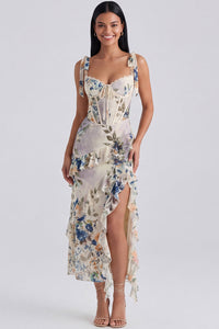 Elfenbeinfarbenes Blumenkorsett Midi-Kleid mit Schlitz