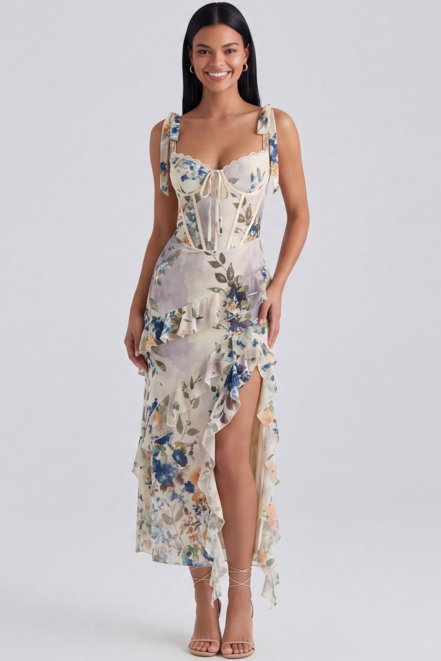 Elfenbeinfarbenes Blumenkorsett Midi-Kleid mit Schlitz