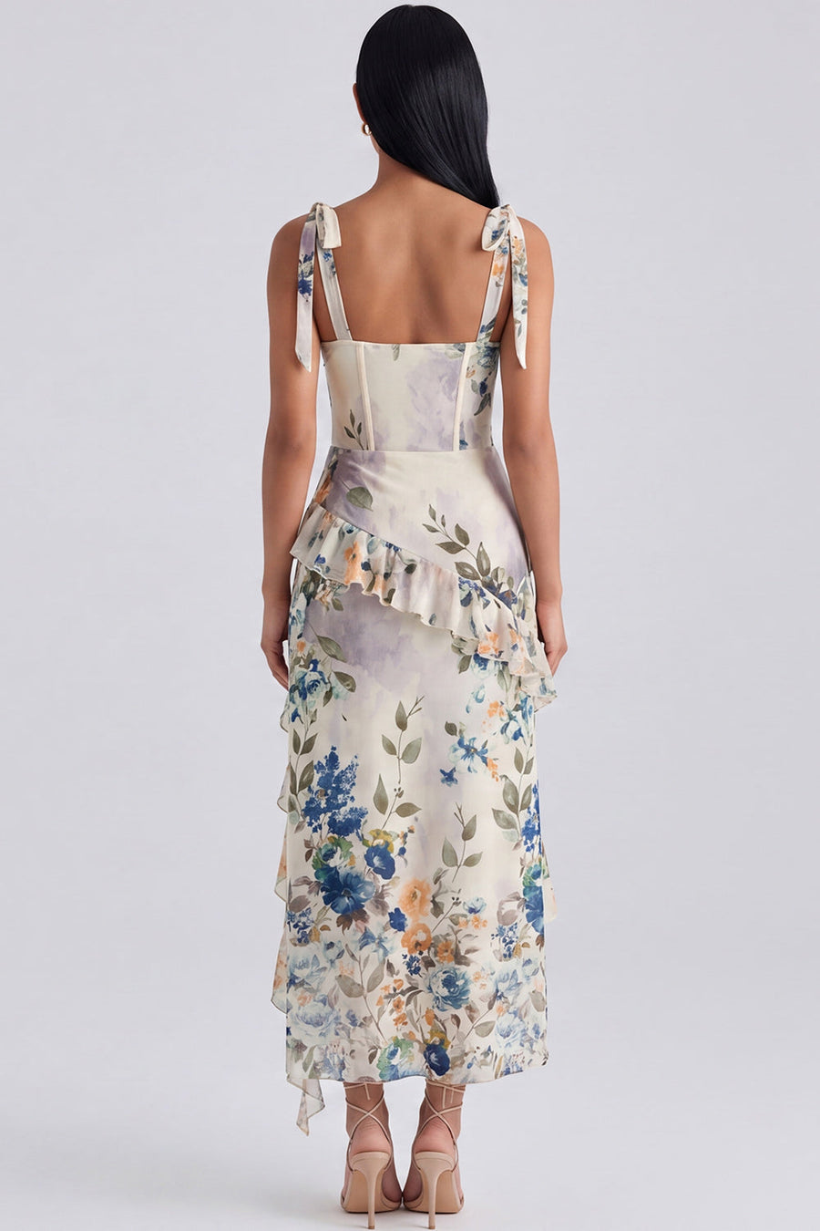 Elfenbeinfarbenes Blumenkorsett Midi-Kleid mit Schlitz