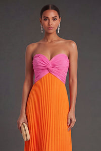 Pink and Orange Front Twisted Sweetheart Pleated Long Formal Dress