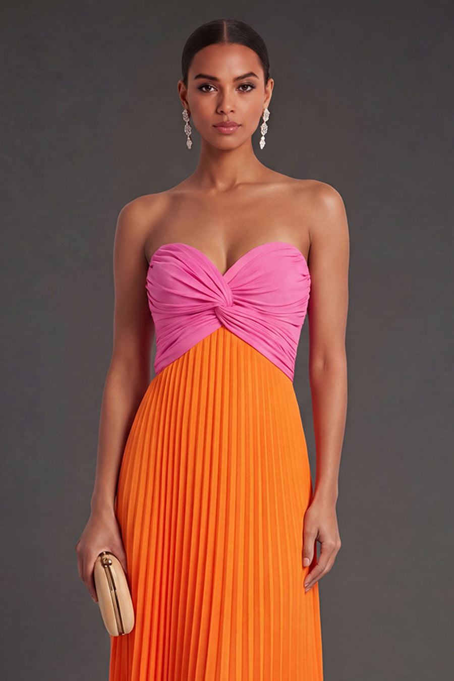 Pink and Orange Front Twisted Sweetheart Pleated Long Formal Dress