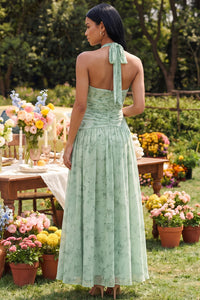 Halter Dusty Sage Floral A-Line Maxi-Kleid