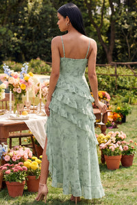 Staubiges Salbei-Blumen-Spaghetti-Träger mit Rüschen-Maxi-Kleid mit Schlitz