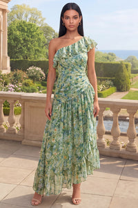 Ein schulteriger staubiger grüner Rüschen-A-Linie asymmetrisches Maxi-Blumenkleid