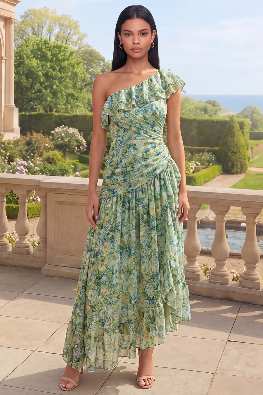 Ein schulteriger staubiger grüner Rüschen-A-Linie asymmetrisches Maxi-Blumenkleid