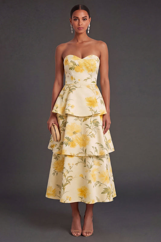 Floral Yellow Tiered Long Wedding Guest Dress
