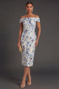 Dusty Blue Floral Off the Shoulder Sheath Midi Formal Dress