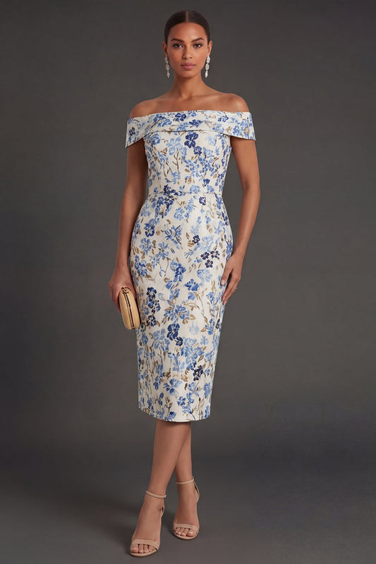 Dusty Blue Floral Off the Shoulder Sheath Midi Formal Dress