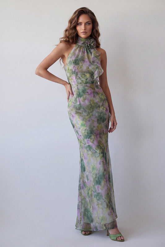 Halterhals Dusty Sage Bodycon Chiffon Floral Maxi Formal Dress