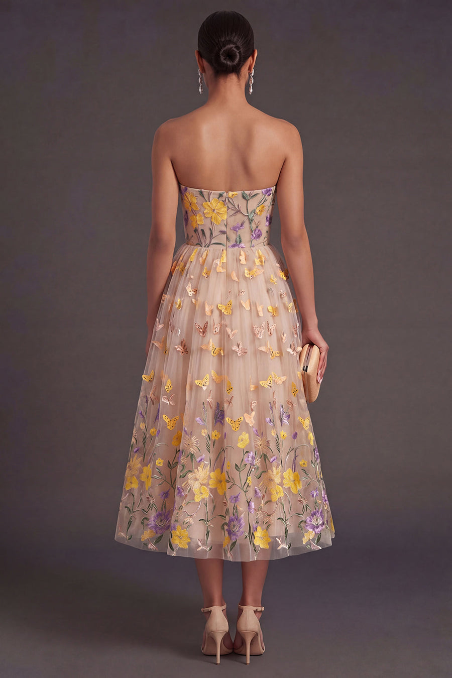 Floral Appliqued Apricot A Line Summer Wedding Guest Dress
