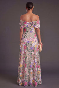 Light Khaki A Line Embroidered Floral High Low Wedding Guest Dress