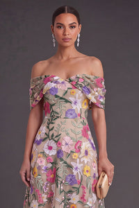 Light Khaki A Line Embroidered Floral High Low Wedding Guest Dress
