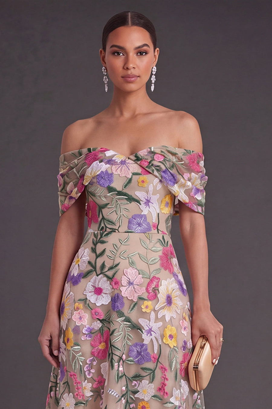 Light Khaki A Line Embroidered Floral High Low Wedding Guest Dress