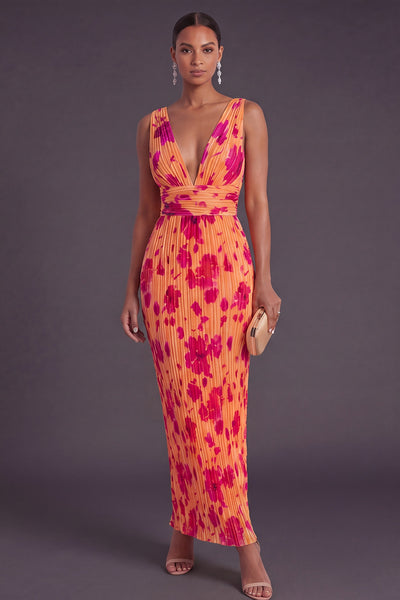 Sheath Orange V Neck Pleated Long Wedding Guest Dress
