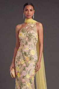 Yellow Mermaid Floral One Shoulder Embroidered Long Formal Dress