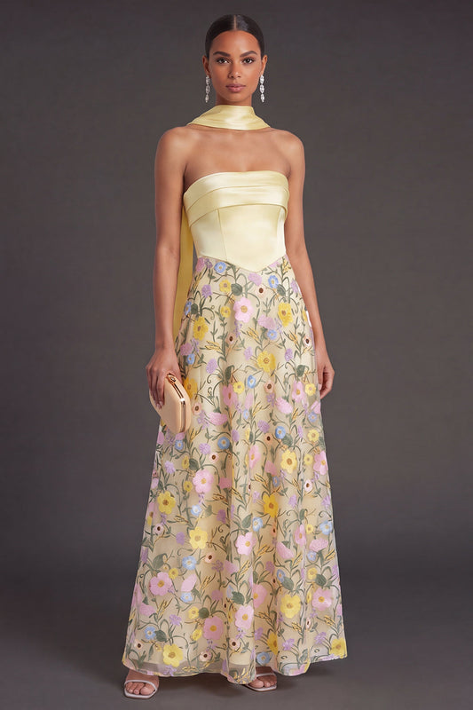 Yellow Floral A Line Strapless Long Formal Dress