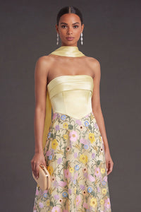 Yellow Floral A Line Strapless Long Formal Dress