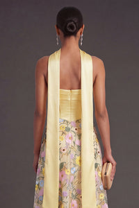 Yellow Floral A Line Strapless Long Formal Dress