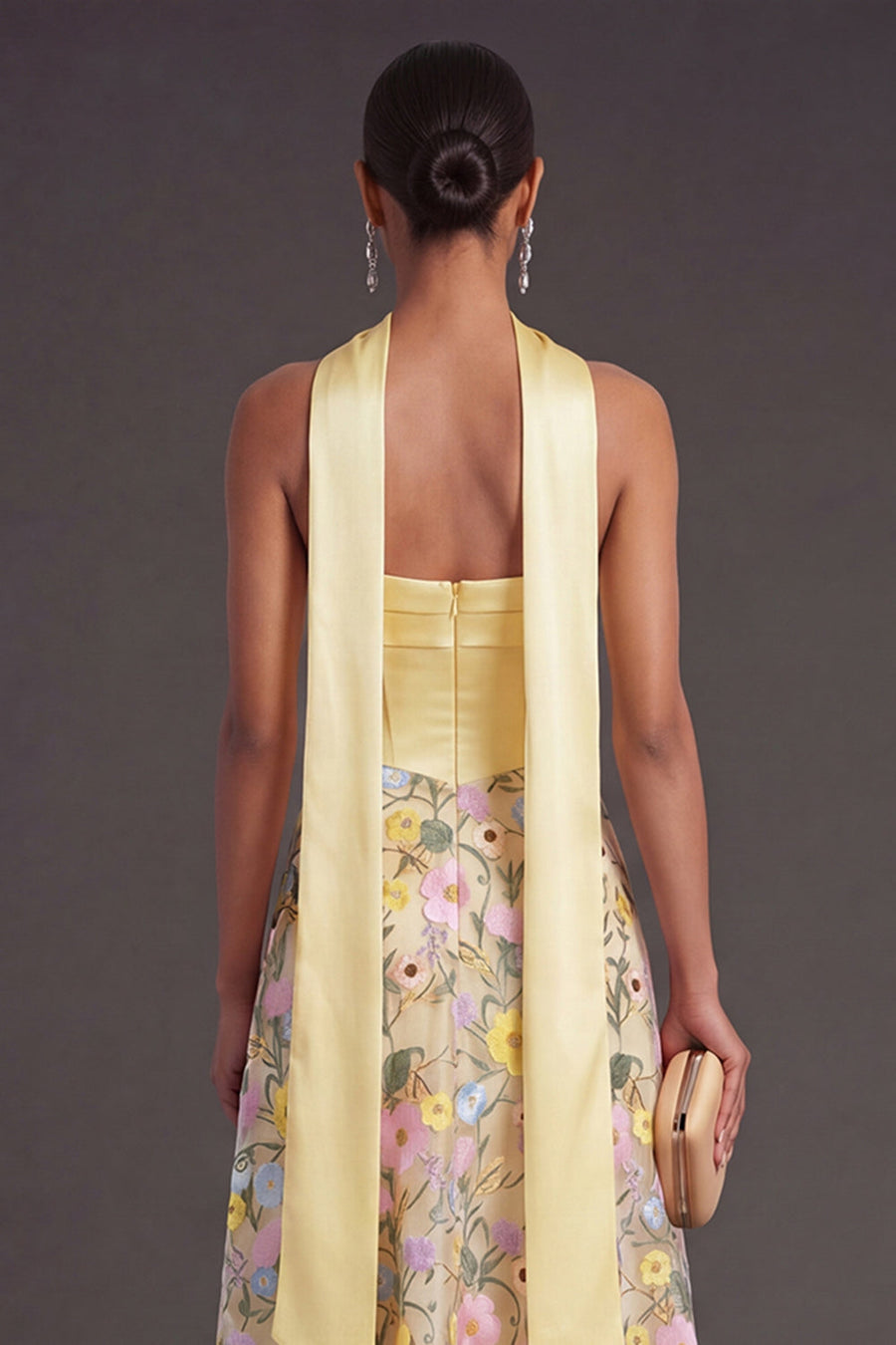 Yellow Floral A Line Strapless Long Formal Dress