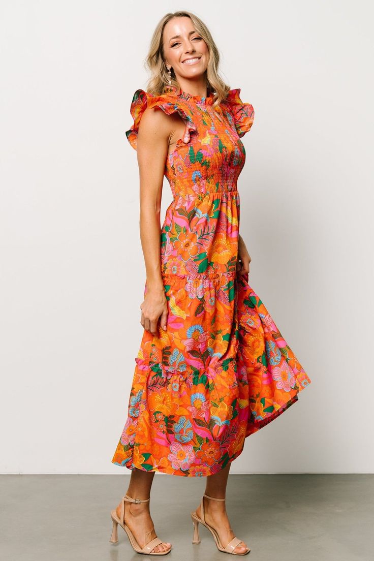 Emily Smocked Tier Maxi Dress Orange Floral