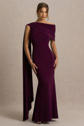 Tiana Dark Plum Asymmetric Neck Maxi Dress With Draped Detail