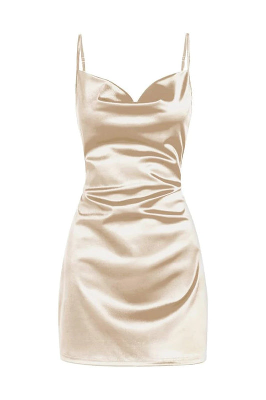 KissProm Simple Cowl Neck Champagne Satin Homecoming Dress