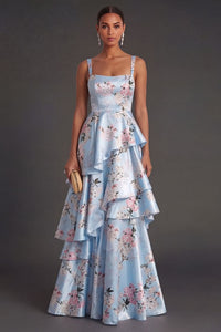 Blue Floral A Line Tiered Ruffled Thick Straps Long Wedding Guest