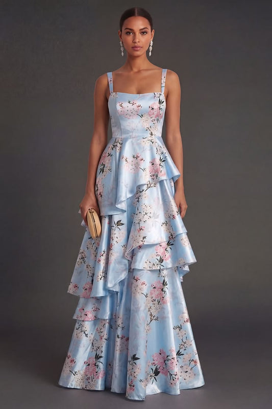 Blue Floral A Line Tiered Ruffled Thick Straps Long Wedding Guest