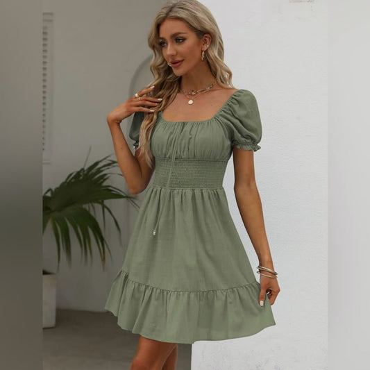 Nwot. Women's Square Neck Mini Dress Puff Sleeve Sundress A Line