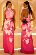 Leia Pink Lily Print High Neck Maxi Dress