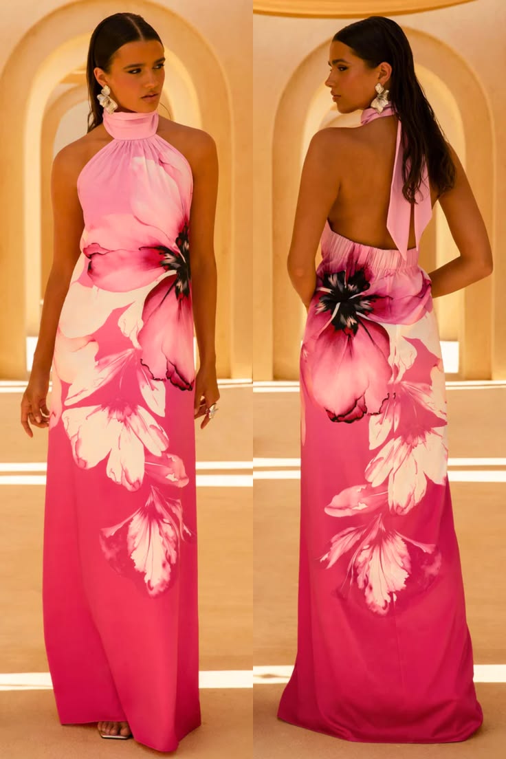 Leia Pink Lily Print High Neck Maxi Dress