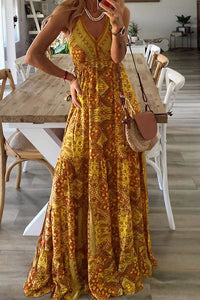 Celeste Boho Printed Strap Elastic Waist Maxi Dress Yellow Xxxxl