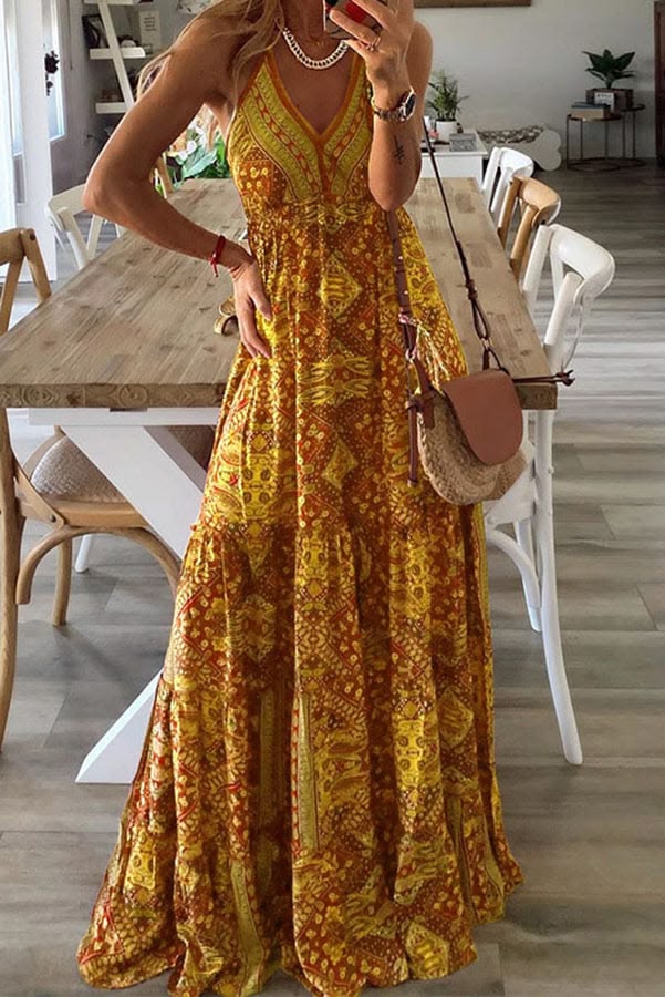 Celeste Boho Printed Strap Elastic Waist Maxi Dress Yellow Xxxxl