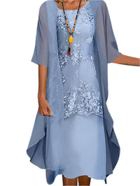 Caroline | Women Wedding Guest Dress Flowing Sheer Sleeve Midi Dress Blue