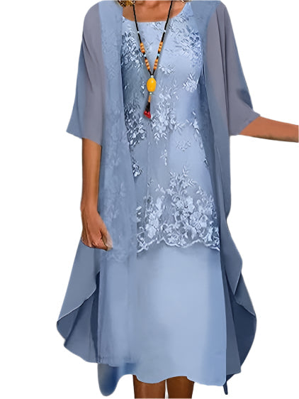 Caroline | Women Wedding Guest Dress Flowing Sheer Sleeve Midi Dress Blue