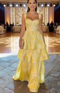 Sweet Butter Yellow Sweetheart Neck A Line Jacquard Satin Layered Long