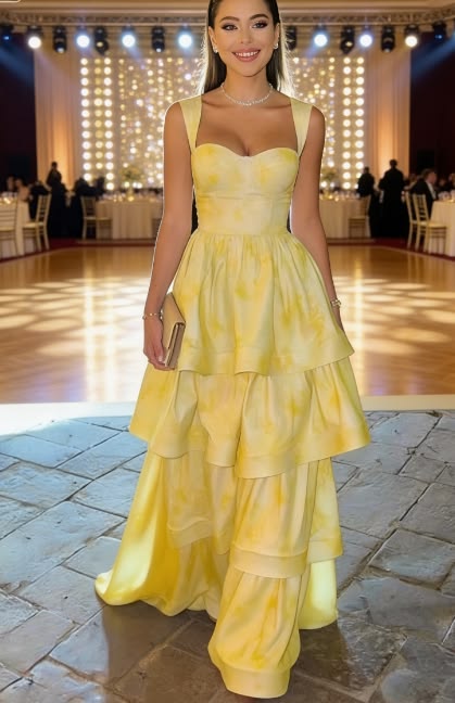 Sweet Butter Yellow Sweetheart Neck A Line Jacquard Satin Layered Long