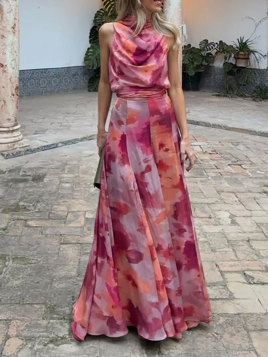 Two Piece Set: Stylish Artistic Print Top And Maxi Skirt