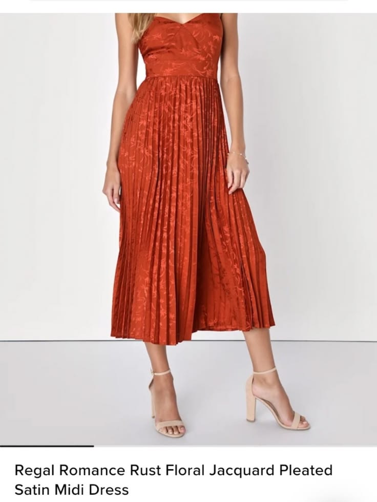 Dress Regal Romance Rust Floral Jacquard Pleated Satin Midi Dress