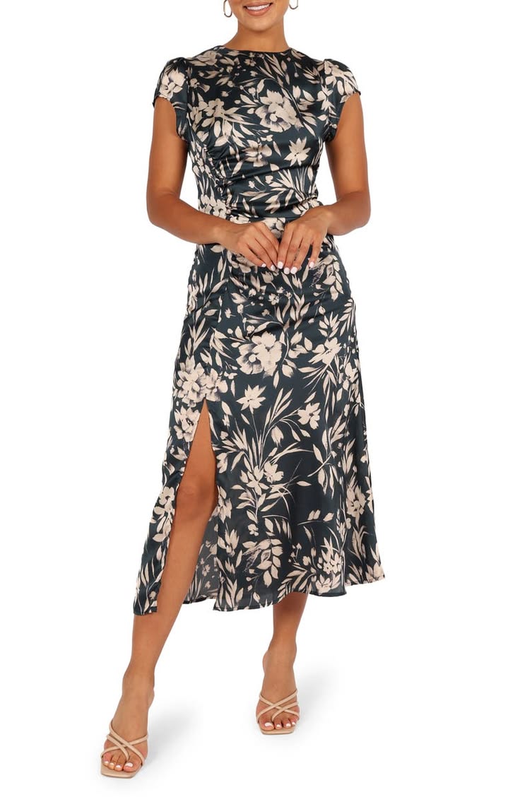 Lisbeth Floral Cap Sleeve Satin Midi Dress (Women)