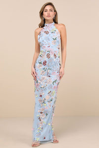 Infinite Praise Blue 3D Floral Embroidered Halter Maxi Dress