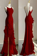 Simple Mermaid Prom Gown With Ruffles Spaghetti Straps Backless Prom