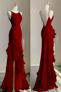 Simple Mermaid Prom Gown With Ruffles Spaghetti Straps Backless Prom