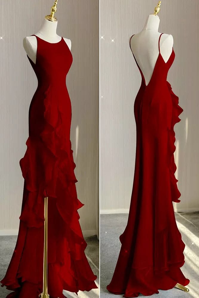 Simple Mermaid Prom Gown With Ruffles Spaghetti Straps Backless Prom