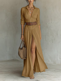 Long Maxi Dress With Collar And Long Sleeves In Linen For Women