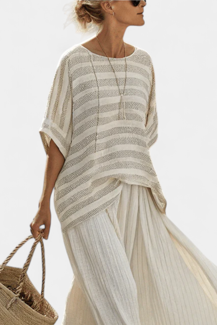 Georgina – Natural Bamboo Striped Top and Flowing Linen Trousers